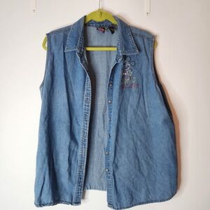 Vtg Mickey Unlimited Disney Denim Sleeveless Shirt Top Mickey Embroidery L 18/20
